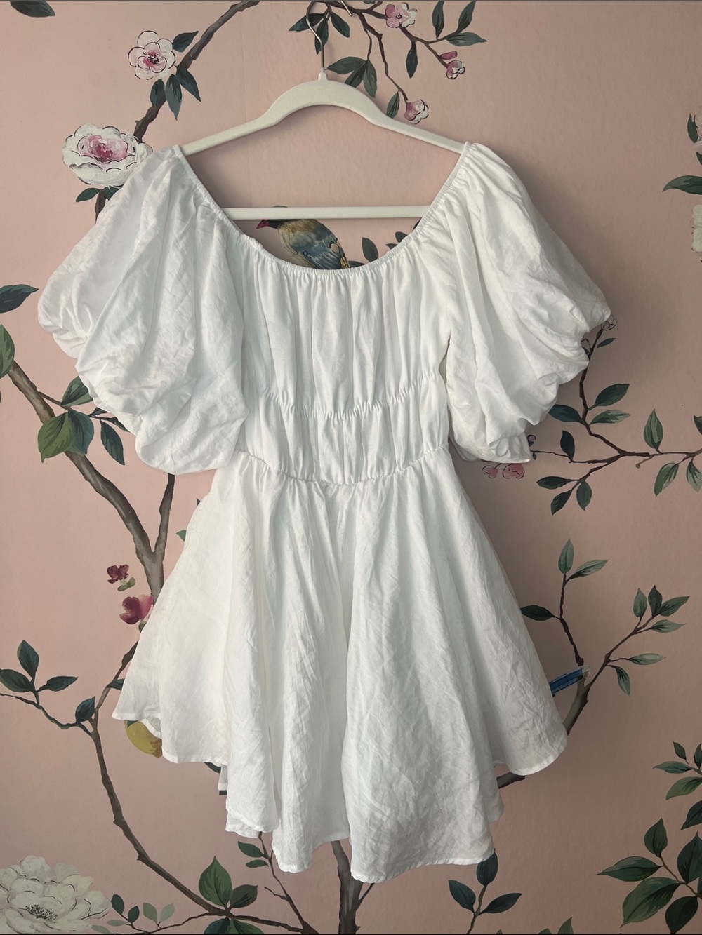 Altar'd State White Puff Sleeve Midi Dress with Elastic Waist